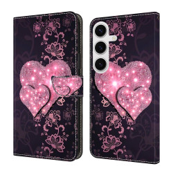 For Samsung Galaxy S24+ 5G Crystal-Like Painted Vegan Leather Phone Case(Lace Heart Peach)