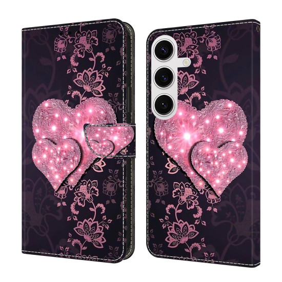 For Samsung Galaxy S24+ 5G Crystal-Like Painted Vegan Leather Phone Case(Lace Heart Peach)