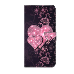 For Samsung Galaxy S24+ 5G Crystal-Like Painted Vegan Leather Phone Case(Lace Heart Peach)