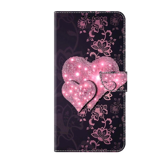 For Samsung Galaxy S24+ 5G Crystal-Like Painted Vegan Leather Phone Case(Lace Heart Peach)