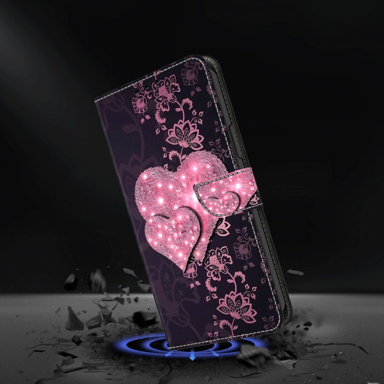 For Samsung Galaxy S24+ 5G Crystal-Like Painted Vegan Leather Phone Case(Lace Heart Peach)