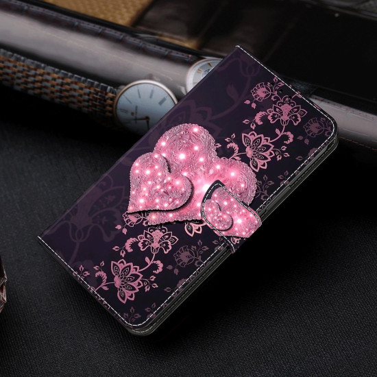 For Samsung Galaxy S24+ 5G Crystal-Like Painted Vegan Leather Phone Case(Lace Heart Peach)