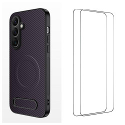For Samsung Galaxy S24+ 5G WANLONFENG Kickstand Carbon Fiber Texture Magnetic Phone Case with 2pcs Screen Films(Purple)
