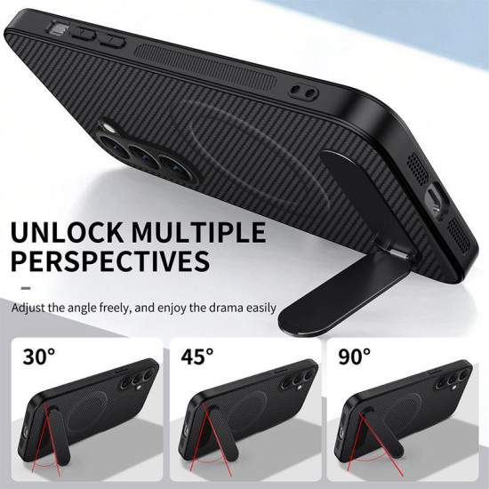 For Samsung Galaxy S24+ 5G WANLONFENG Kickstand Carbon Fiber Texture Magnetic Phone Case with 2pcs Screen Films(Purple)