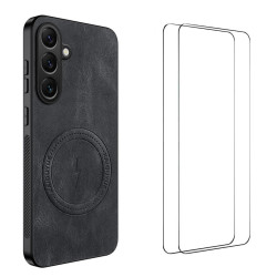 For Samsung Galaxy S24+ 5G WANLONFENG Nappa Texture Magnetic Phone Case with 2pcs Screen Films(Black)