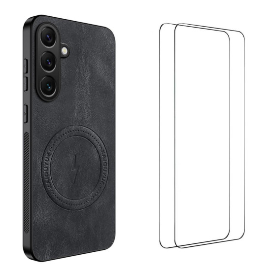For Samsung Galaxy S24+ 5G WANLONFENG Nappa Texture Magnetic Phone Case with 2pcs Screen Films(Black)