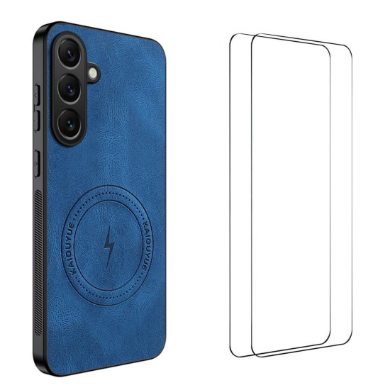 For Samsung Galaxy S24+ 5G WANLONFENG Nappa Texture Magnetic Phone Case with 2pcs Screen Films(Blue)