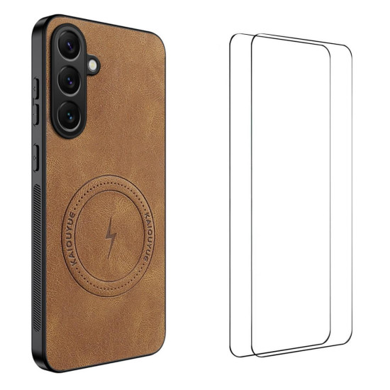 For Samsung Galaxy S24+ 5G WANLONFENG Nappa Texture Magnetic Phone Case with 2pcs Screen Films(Brown)