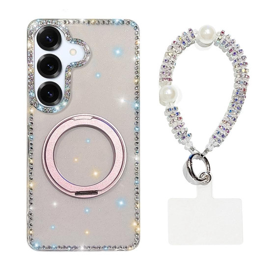 For Samsung Galaxy S24+ 5G Diamond IMD 360 Rotation Magnetic Metal Holder Phone Case with Strap(Glitter Transparent)