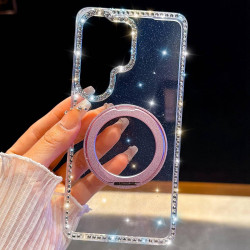 For Samsung Galaxy S24+ 5G Diamond IMD 360 Rotation Magnetic Metal Holder Phone Case with Strap(Glitter Transparent)