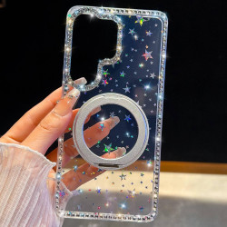 For Samsung Galaxy S24+ 5G Diamond IMD 360 Rotation Magnetic Metal Holder Phone Case with Strap(Stars Transparent)