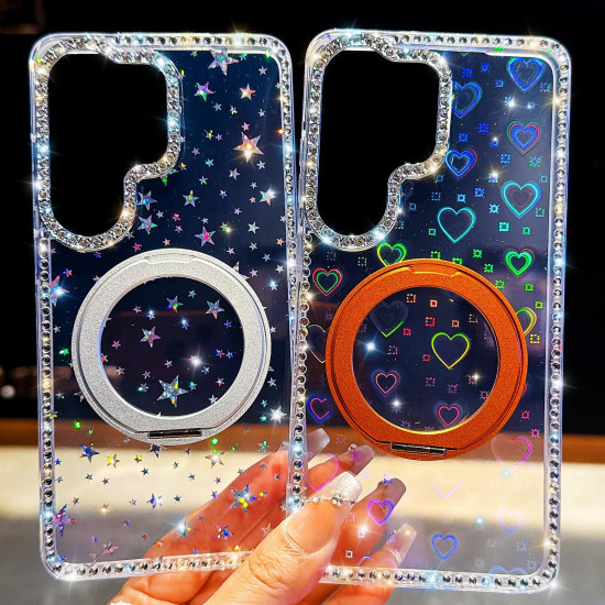 For Samsung Galaxy S24+ 5G Diamond IMD 360 Rotation Magnetic Metal Holder Phone Case with Strap(Stars Transparent)