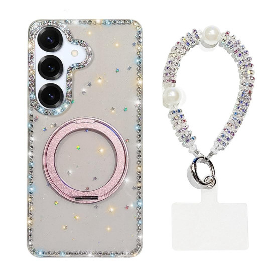 For Samsung Galaxy S24+ 5G Diamond IMD 360 Rotation Magnetic Metal Holder Phone Case with Strap(Glitter Stars)