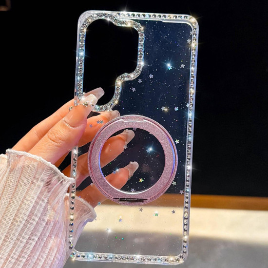 For Samsung Galaxy S24+ 5G Diamond IMD 360 Rotation Magnetic Metal Holder Phone Case with Strap(Glitter Stars)