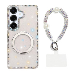 For Samsung Galaxy S24+ 5G Diamond IMD 360 Rotation Magnetic Metal Holder Phone Case with Strap(Glitter White)