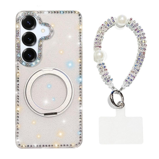 For Samsung Galaxy S24+ 5G Diamond IMD 360 Rotation Magnetic Metal Holder Phone Case with Strap(Glitter White)