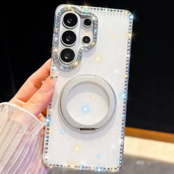 For Samsung Galaxy S24+ 5G Diamond IMD 360 Rotation Magnetic Metal Holder Phone Case with Strap(Glitter White)