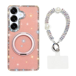 For Samsung Galaxy S24+ 5G Diamond IMD 360 Rotation Magnetic Metal Holder Phone Case with Strap(Glitter Light Pink)