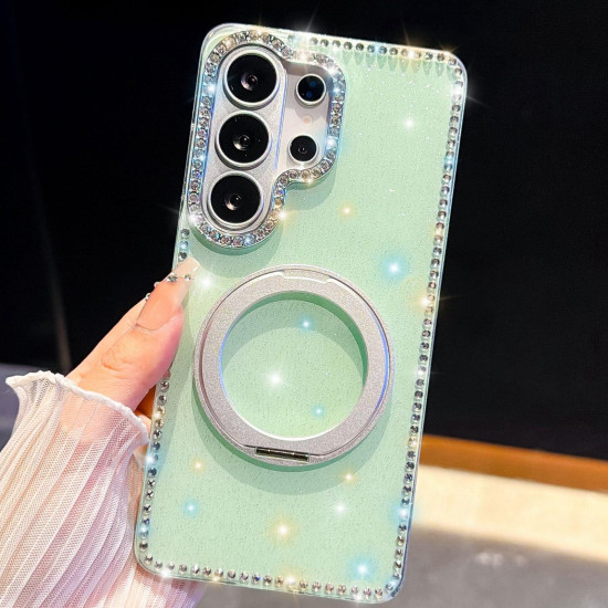 For Samsung Galaxy S24+ 5G Diamond IMD 360 Rotation Magnetic Metal Holder Phone Case(Glitter Light Green)