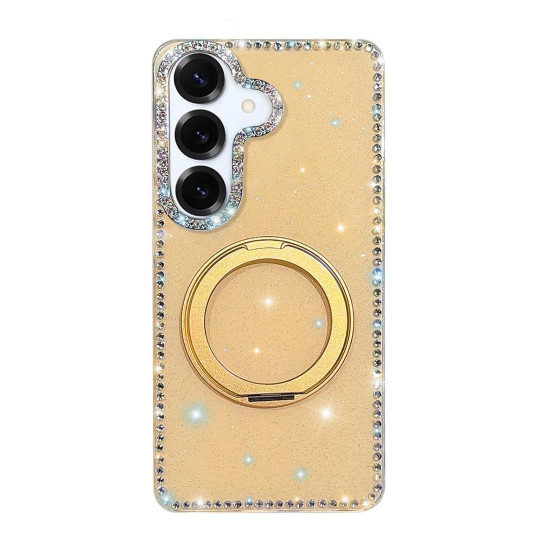For Samsung Galaxy S24+ 5G Diamond IMD 360 Rotation Magnetic Metal Holder Phone Case(Glitter Light Yellow)