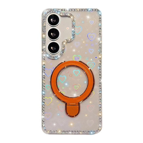 For Samsung Galaxy S24+ 5G Double-Sided IMD Rhinestone Magnetic Holder Shockproof Phone Case(Transparent Love)