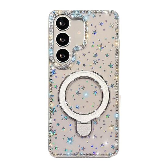 For Samsung Galaxy S24+ 5G Double-Sided IMD Rhinestone Magnetic Holder Shockproof Phone Case(Transparent Stars)