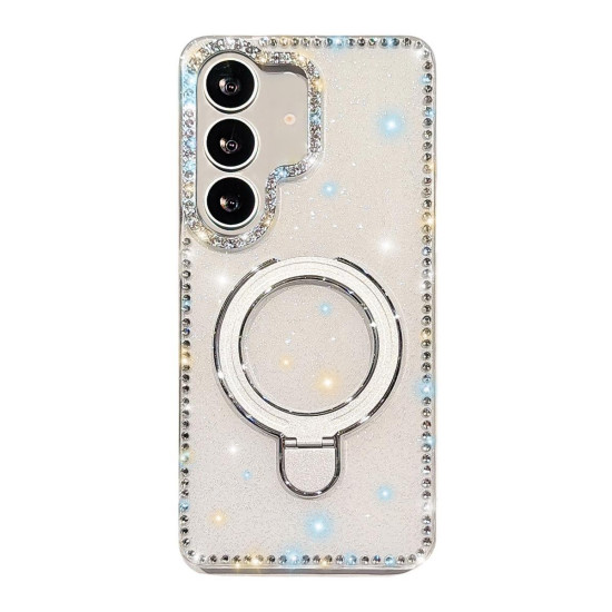 For Samsung Galaxy S24+ 5G Double-Sided IMD Rhinestone Magnetic Holder Shockproof Phone Case(Glitter White)
