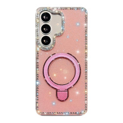 For Samsung Galaxy S24+ 5G Double-Sided IMD Rhinestone Magnetic Holder Shockproof Phone Case(Glitter Pink)
