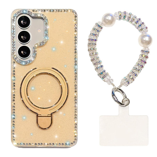 For Samsung Galaxy S24+ 5G Double-Sided IMD Rhinestone Magnetic Holder Shockproof Phone Case With Bracelet(Glitter Light Yellow)