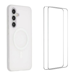 For Galaxy S24+ 5G WANLONFENG Macarons Matte Magnetic Phone Case with 2pcs Screen Films(White)