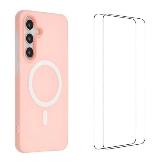 For Galaxy S24+ 5G WANLONFENG Macarons Matte Magnetic Phone Case with 2pcs Screen Films(Pink)