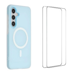 For Galaxy S24+ 5G WANLONFENG Macarons Matte Magnetic Phone Case with 2pcs Screen Films(Blue)