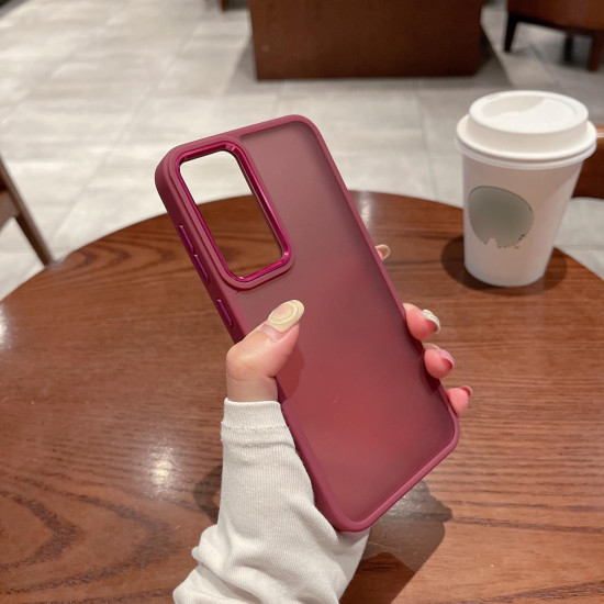 Shield Skin Feel PC Metal Lens Frame Phone Case For Samsung Galaxy S23+ 5G(Purple Red)