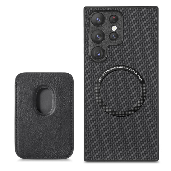 For Samsung Galaxy S22+ 5G Carbon Fiber Leather Card Magsafe Magnetic Phone Case(Black)