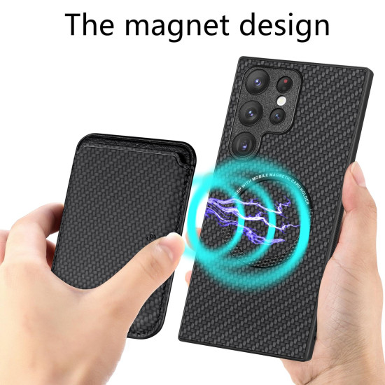 For Samsung Galaxy S22+ 5G Carbon Fiber Leather Card Magsafe Magnetic Phone Case(Black)
