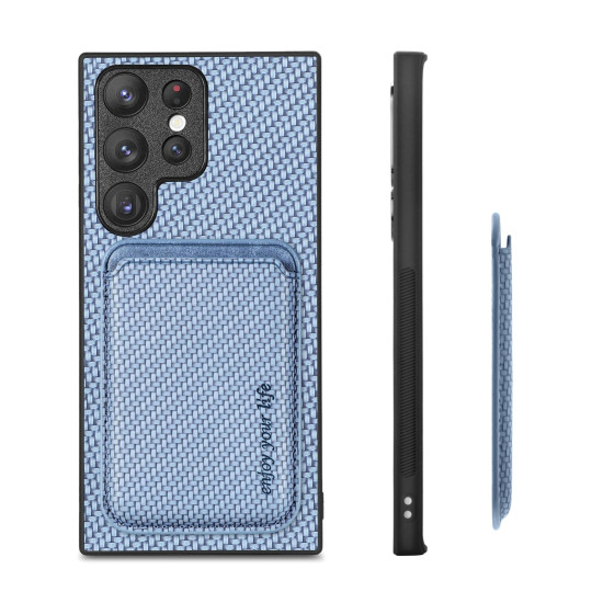 For Samsung Galaxy S22+ 5G Carbon Fiber Leather Card Magsafe Magnetic Phone Case(Blue)