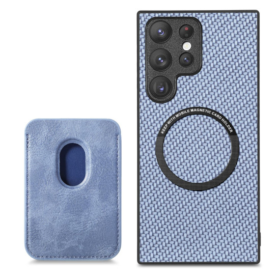 For Samsung Galaxy S22+ 5G Carbon Fiber Leather Card Magsafe Magnetic Phone Case(Blue)