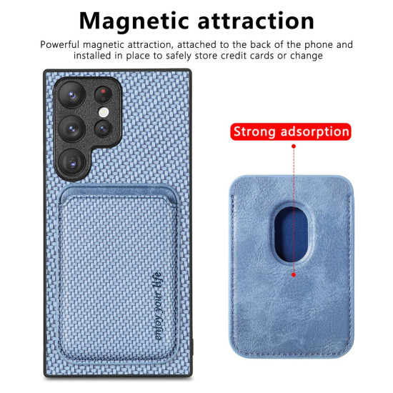 For Samsung Galaxy S22+ 5G Carbon Fiber Leather Card Magsafe Magnetic Phone Case(Blue)