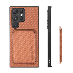 For Samsung Galaxy S22+ 5G Carbon Fiber Leather Card Magsafe Magnetic Phone Case(Brown)