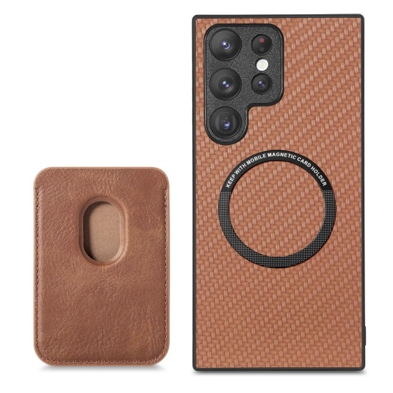For Samsung Galaxy S22+ 5G Carbon Fiber Leather Card Magsafe Magnetic Phone Case(Brown)