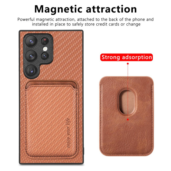 For Samsung Galaxy S22+ 5G Carbon Fiber Leather Card Magsafe Magnetic Phone Case(Brown)