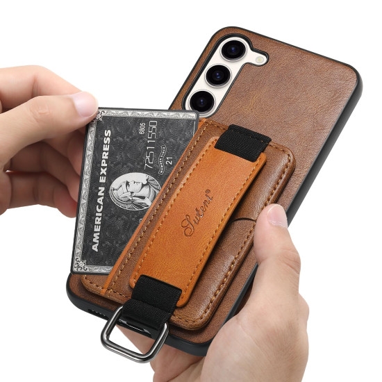 For Samsung Galaxy S23+ 5G Suteni H13 Card Wallet Wrist Strap Holder PU Phone Case(Brown)