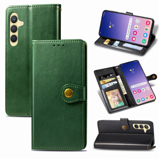 For Samsung Galaxy S24+ 5G Retro Solid Color Buckle Leather Phone Case(Green)