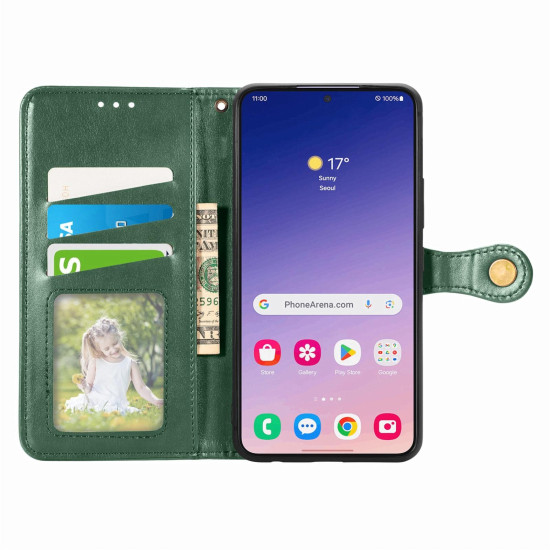 For Samsung Galaxy S24+ 5G Retro Solid Color Buckle Leather Phone Case(Green)