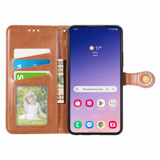 For Samsung Galaxy S24+ 5G Retro Solid Color Buckle Leather Phone Case(Brown)
