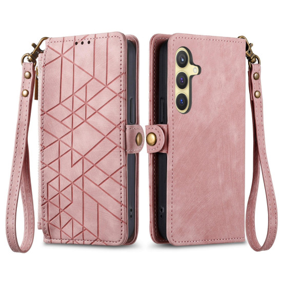 For Samsung Galaxy S24+ 5G Geometric Zipper Wallet Side Buckle Leather Phone Case(Pink)