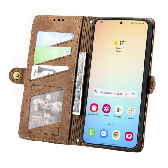 For Samsung Galaxy S24+ 5G Geometric Zipper Wallet Side Buckle Leather Phone Case(Brown)