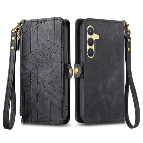 For Samsung Galaxy S24+ 5G Geometric Zipper Wallet Side Buckle Leather Phone Case(Black)