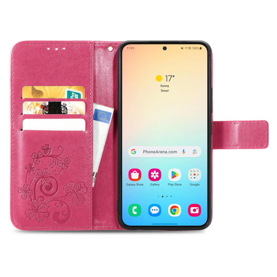 For Samsung Galaxy S24+ 5G Four-leaf Clasp Embossed Buckle Leather Phone Case(Magenta)