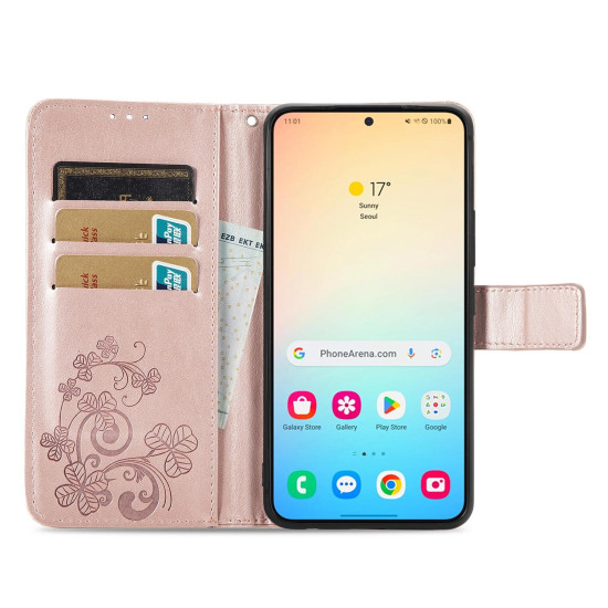 For Samsung Galaxy S24+ 5G Four-leaf Clasp Embossed Buckle Leather Phone Case(Rose Gold)